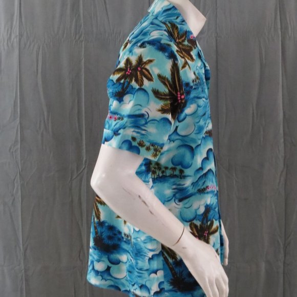 Vintage Hawaiian Aloha Shirt - Ocean Pattern with Neon Palm Trees - Men's Large - Picture 9 of 10